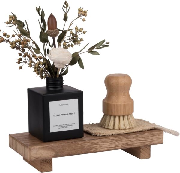 Small Wood Tray Pedestal Stand Farmhouse Bathroom Decor Decorative Wooden Riser Kitchen Soap Dish Holder for Vanity, Counter, Sink, Brown - Image 7