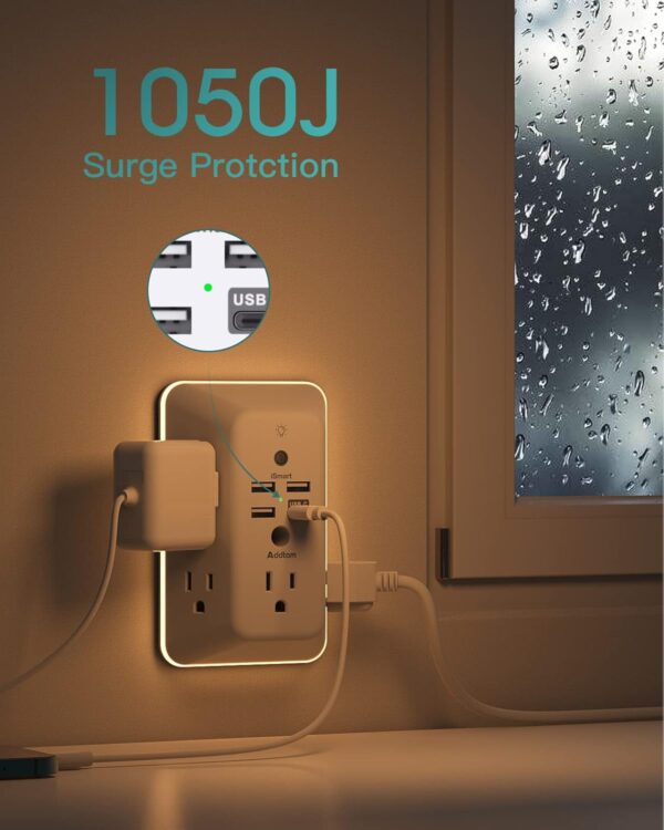 Surge Protector, Outlet Extender with Night Light, Addtam 5-Outlet Splitter and 4 USB Ports(1 USB C), Multi Plug Wall Outlet for Home Office Dorm Room Essentials - Image 8