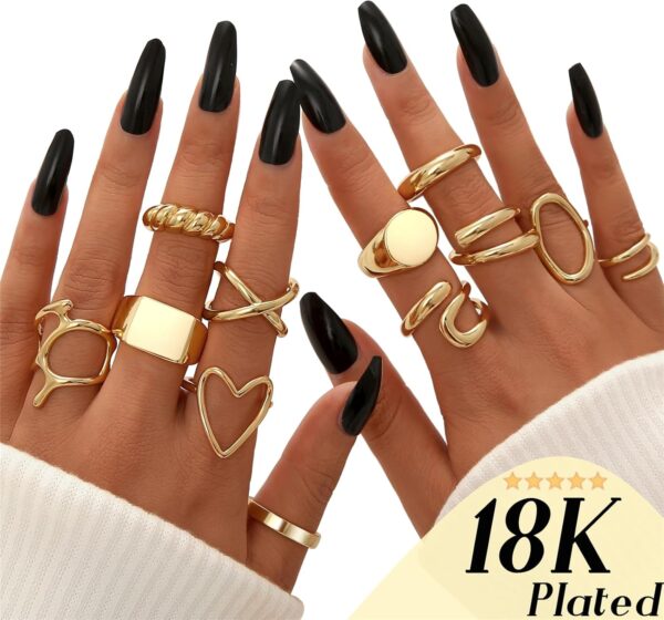 FAXHION 12PCS Gold Stackable Rings Set for Women, 18K Gold Plated Open Stacking Knuckle Ring, Adjustable Chunky Signet Rings for Gift - Image 3