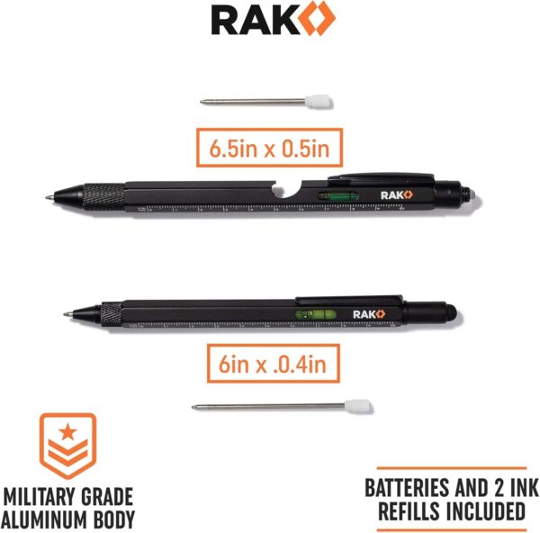 RAK Multitool Pen 2-Pack - Fathers Day Gift, Multi-Tool Pens with LED Light, Flathead & Phillips Screwdrivers, Level, Ruler, Bottle Opener, and Stylus. Cool Gadgets Gifts for Men, Dad, EDC Pen Tool - Image 5