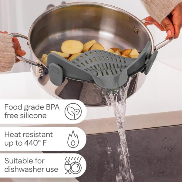 Kitchen Gizmo Snap N' Strain - Silicone Pasta Strainer Clip-On for Pots and Pans - Heat Resistant Colander for Vegetables and Noodles - Kitchen Gadgets for Cooking - Space-Saving Design - Gray - Image 7