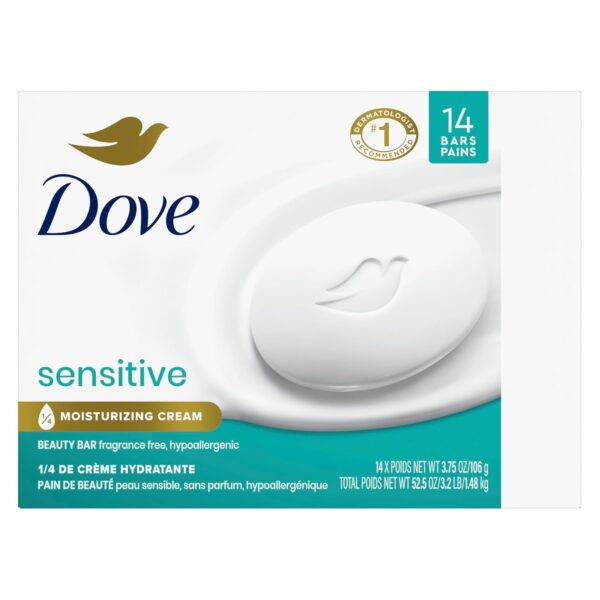 Dove Beauty Bar More Moisturizing Than Bar Soap for Softer Skin, Fragrance-Free, Hypoallergenic Beauty Bar Sensitive Skin With Gentle Cleanser 3.75 oz 14 Bars - Image 4