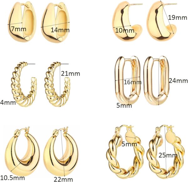 6 Pairs 14K Gold Hoop Earrings for Women Lightweight Chunky Hoop Earrings Multipack Hypoallergenic, Thick Open Twisted Huggie Hoops Earring Set Jewelry for Gifts. - Image 7