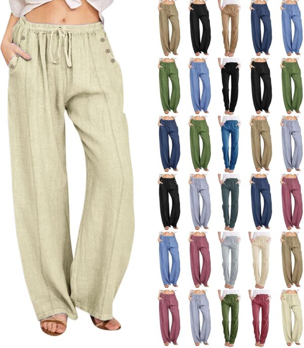 Linen Pants Women 2025 Summer Beach Lounge Palazzo Trousers Loose Elastic Plus Size Drawstring with Pockets Pants - Image 2