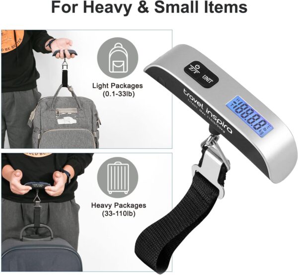 travel inspira Luggage Scale, Portable Digital Hanging Baggage Scale for Travel, Suitcase Weight Scale with Rubber Paint, 110 Pounds, Battery Included - Image 5