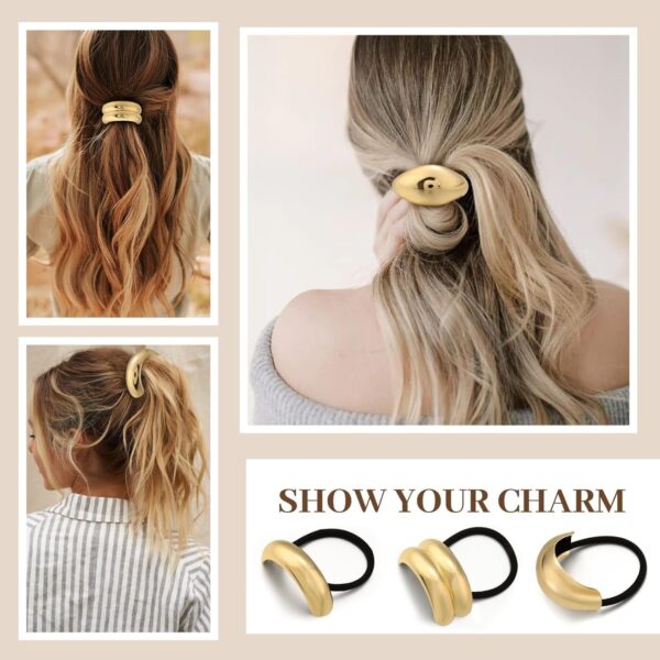 3PCS Gold Hair Ties, Metal Hair Ties for Thick Hair, Elegant Durable Geometric Design, Gold Hair Accessories Stretchy and Non-Damage Ponytail Cuff Holders, 3 Styles in Box Holiday Gifts - Image 7