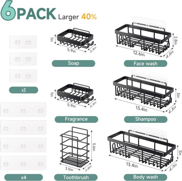 Veken Stainless Steel Shower Caddy 6-Pack, No Drilling & Rustproof, Waterproof Adhesive Shelves Rack with Soap Holder, Large Capacity Bathroom Organizers and Storage, Wall-Mounted Kitchen & Home Decor - Image 8