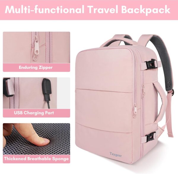Taygeer Travel Backpack for Women, Carry On Backpack with USB Charging Port & Shoe Pouch, TSA 15.6inch Laptop Mochila Flight Approved, Nurse Bag Casual Daypack for Weekender Business Hiking, Pink - Image 9