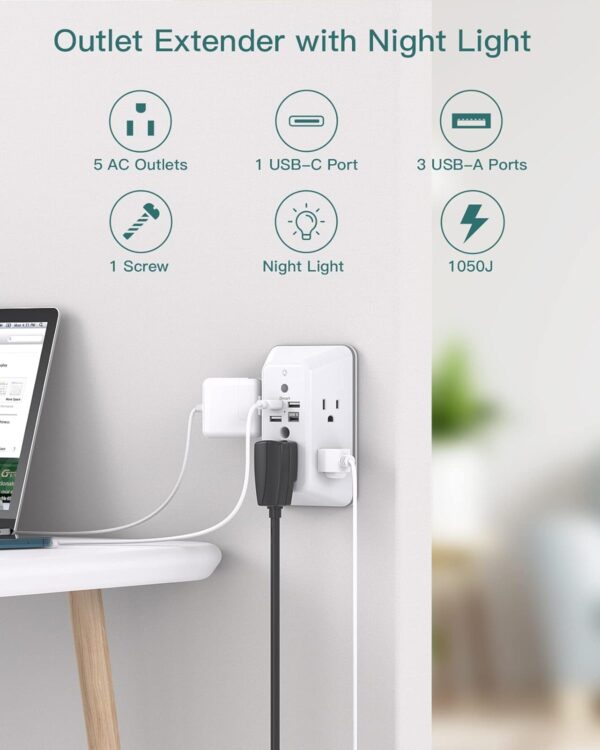 Surge Protector, Outlet Extender with Night Light, Addtam 5-Outlet Splitter and 4 USB Ports(1 USB C), Multi Plug Wall Outlet for Home Office Dorm Room Essentials - Image 3