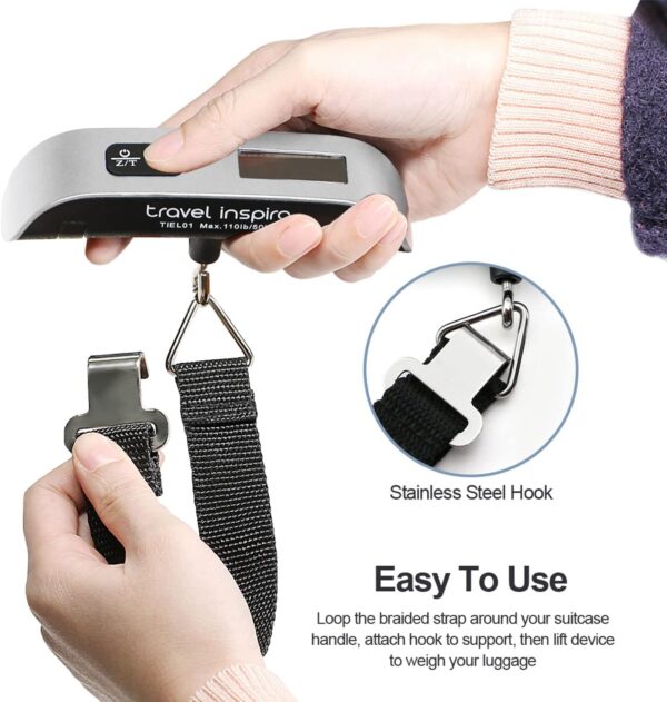 travel inspira Luggage Scale, Portable Digital Hanging Baggage Scale for Travel, Suitcase Weight Scale with Rubber Paint, 110 Pounds, Battery Included - Image 7