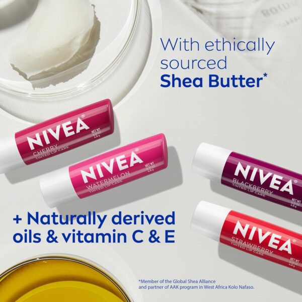 NIVEA Lip Care, Fruity Tinted Lip Balm Variety Pack, Cherry, Strawberry, Blackberry and Watermelon Flavors, 3-in-1 Moisture, Repair and Color, 0.17 Oz Stick, Pack of 4 - Image 9