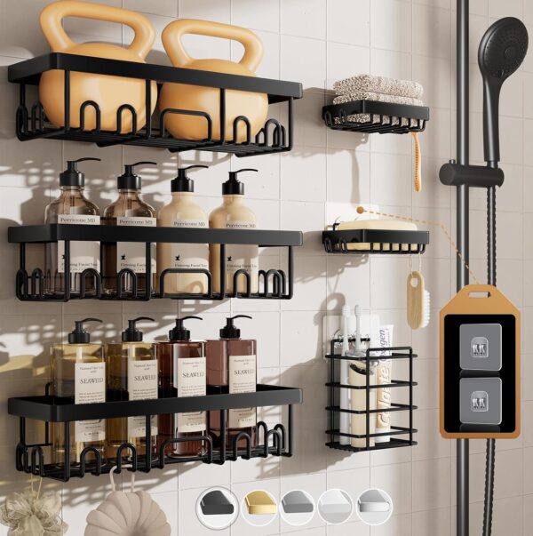 Veken Stainless Steel Shower Caddy 6-Pack, No Drilling & Rustproof, Waterproof Adhesive Shelves Rack with Soap Holder, Large Capacity Bathroom Organizers and Storage, Wall-Mounted Kitchen & Home Decor - Image 2