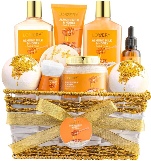 Gift Basket for Women - 10 Pc Almond Milk & Honey Beauty & Personal Care Set - Home Bath Pampering Package for Relaxing - Spa Self Care Kit - Thank You, Birthday, Mom, Anniversary Gift - Image 2