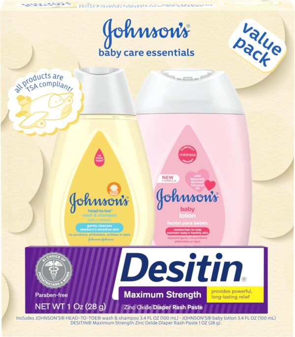 Johnson's Baby Care Essentials Gift Set, Body Lotion, & Zinc Oxide Diaper Rash Paste for Baby's Delicate Skin, Value Pack, Travel-Size, Bath Essentials Must Haves, Baby Gifts, 3 Items - Image 2