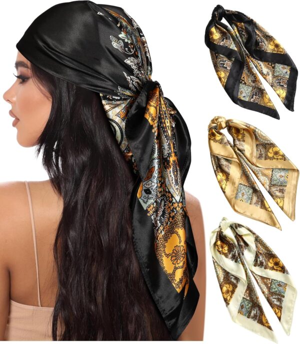 AWAYTR 35” Large Square Satin Head Scarf - 3Pcs Satin Hair Scarves Silk Bandana Scarf Headscarf Silk Feeling Scarf for Women - Image 2