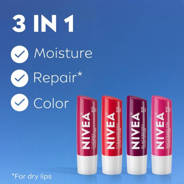 NIVEA Lip Care, Fruity Tinted Lip Balm Variety Pack, Cherry, Strawberry, Blackberry and Watermelon Flavors, 3-in-1 Moisture, Repair and Color, 0.17 Oz Stick, Pack of 4 - Image 4