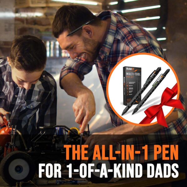 RAK Multitool Pen 2-Pack - Fathers Day Gift, Multi-Tool Pens with LED Light, Flathead & Phillips Screwdrivers, Level, Ruler, Bottle Opener, and Stylus. Cool Gadgets Gifts for Men, Dad, EDC Pen Tool - Image 3