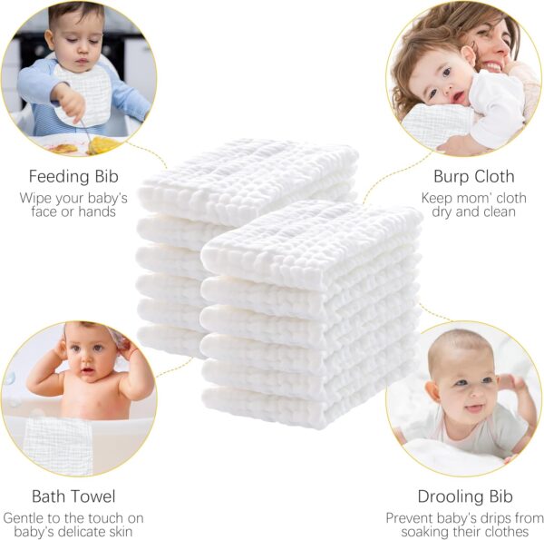 12 Pack Muslin Burp Cloths 100% Cotton Muslin Cloths Large 20''x10'' Extra Soft and Absorbent Baby Burping Cloth - White - Image 5