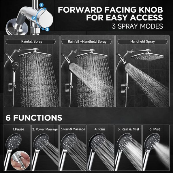 Veken Wide Rain Shower Head with 6 Modes Handheld Water Spray,High Pressure Showerhead Combo with Arm for Bathroom Accessories,Home Decor Detachable Dual Shower with Anti-Clog Nozzles,Silver Chrome - Image 4