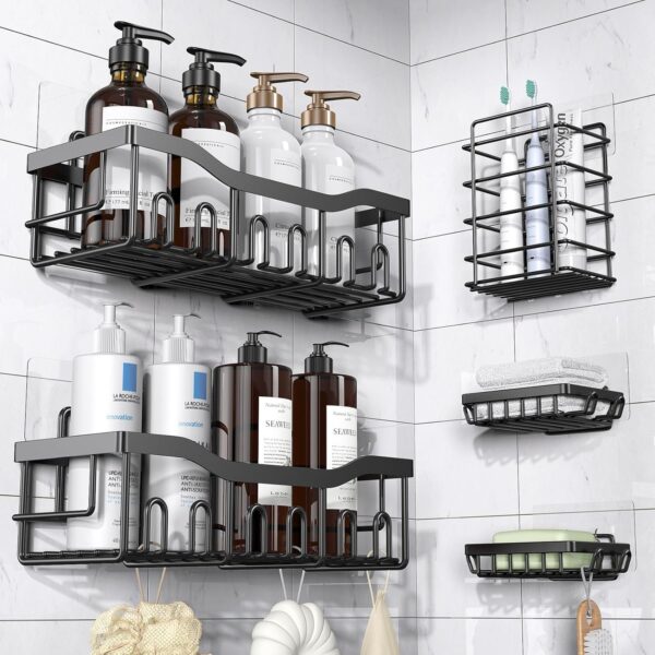 Adhesive Shower Caddy, 5 Pack Rustproof Stainless Steel Bath Organizers With Large Capacity, No Drilling Shelves for Bathroom Storage & Home Decor - Image 2