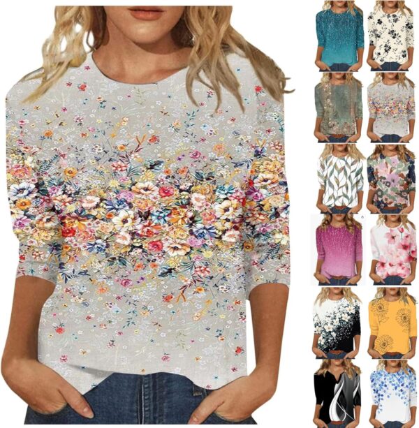 3/4 Length Sleeve Womens Tops Casual Round Neck Cute Shirt Fashion Loose Fit T-Shirts Ladies Tops and Blouses - Image 2