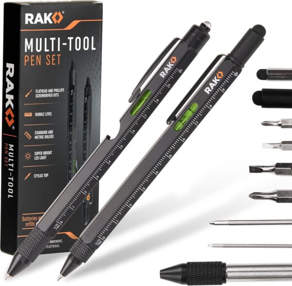 RAK Multitool Pen 2-Pack - Fathers Day Gift, Multi-Tool Pens with LED Light, Flathead & Phillips Screwdrivers, Level, Ruler, Bottle Opener, and Stylus. Cool Gadgets Gifts for Men, Dad, EDC Pen Tool - Image 2