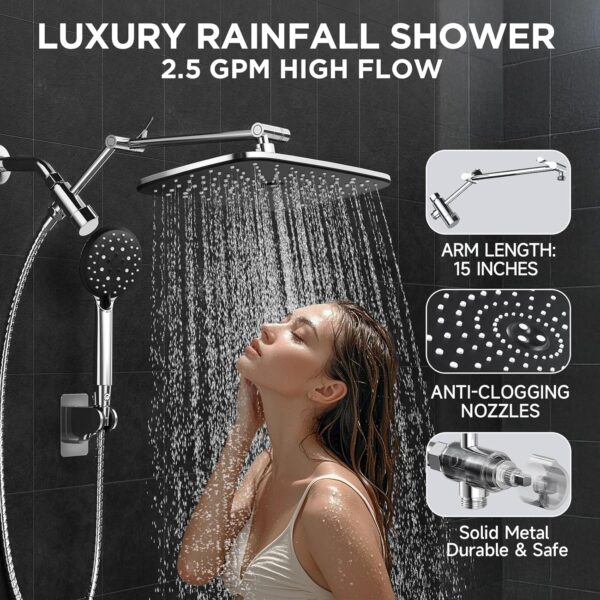 Veken Wide Rain Shower Head with 6 Modes Handheld Water Spray,High Pressure Showerhead Combo with Arm for Bathroom Accessories,Home Decor Detachable Dual Shower with Anti-Clog Nozzles,Silver Chrome - Image 5