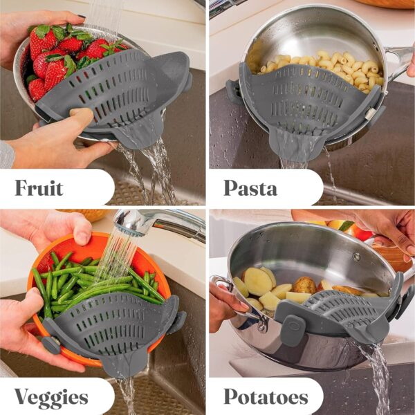 Kitchen Gizmo Snap N' Strain - Silicone Pasta Strainer Clip-On for Pots and Pans - Heat Resistant Colander for Vegetables and Noodles - Kitchen Gadgets for Cooking - Space-Saving Design - Gray - Image 9