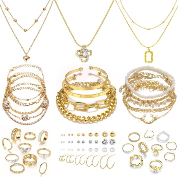 IFKM 36 PC Gold Plated Jewelry Set with 4 Necklace, 11 Bracelet, 7 Ear Cuffs Earring, 14 Knuckle Rings for Women Girls Valentine Anniversary Birthday Friendship Gift - Image 2