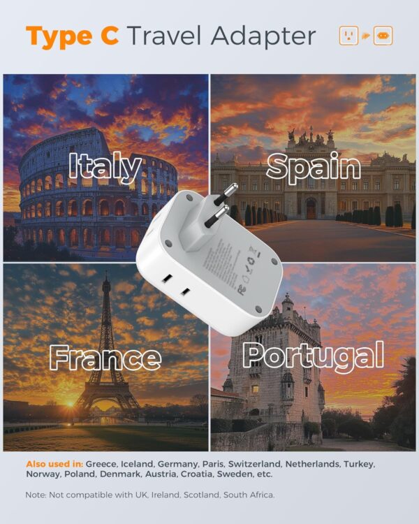 2 Pack European Plug Adapter USB C, TESSAN US to Europe Adapter 4 Outlets 3 USB Charger, Type C International Power Adaptor to Italy Spain France Portugal Iceland Germany, Europe Travel Essentials - Image 3