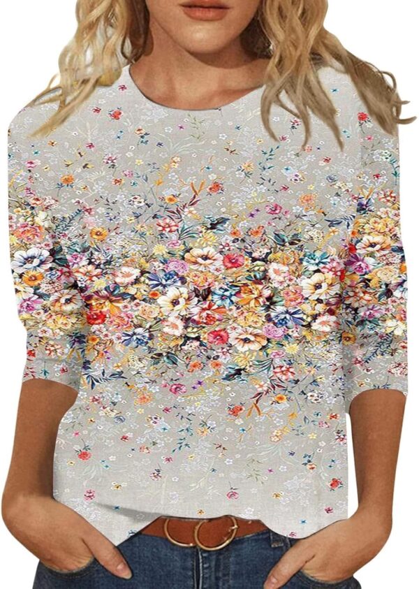 3/4 Length Sleeve Womens Tops Casual Round Neck Cute Shirt Fashion Loose Fit T-Shirts Ladies Tops and Blouses - Image 4