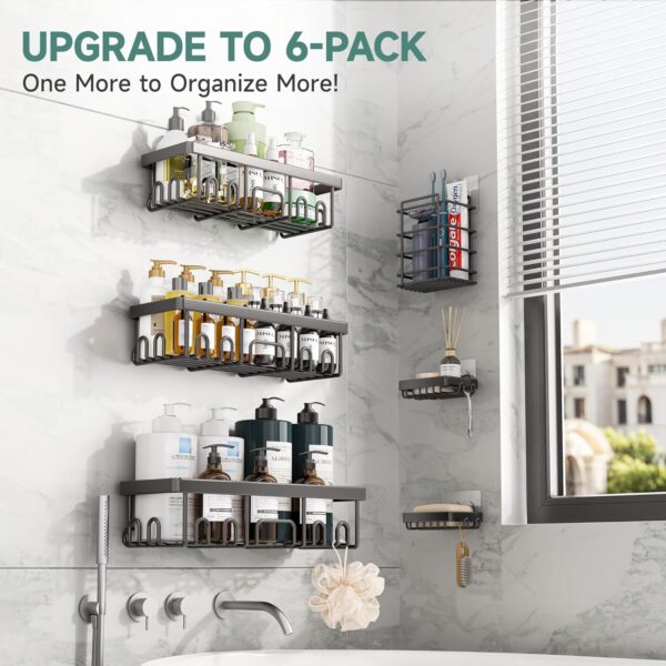 Veken Stainless Steel Shower Caddy 6-Pack, No Drilling & Rustproof, Waterproof Adhesive Shelves Rack with Soap Holder, Large Capacity Bathroom Organizers and Storage, Wall-Mounted Kitchen & Home Decor - Image 7