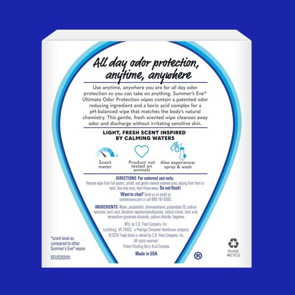 Summer's Eve, Ultimate Odor Control, Daily Feminine Wipes with Boric Acid, Removes Odor, On-the-go Body Wipes with pH Balance, 12 ct - Image 8