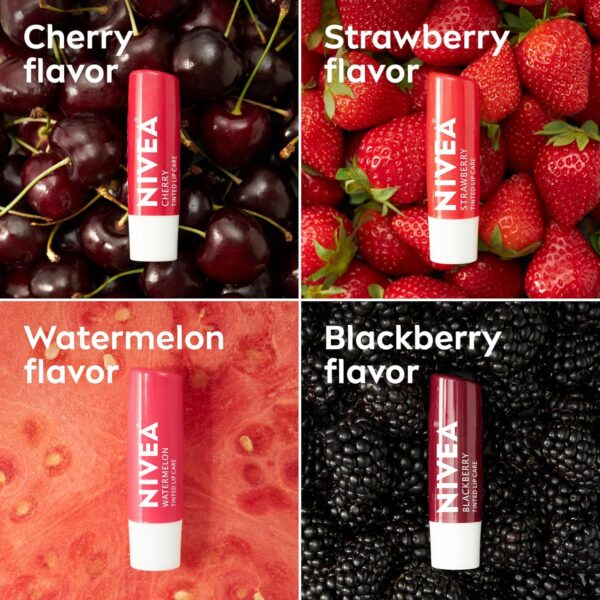 NIVEA Lip Care, Fruity Tinted Lip Balm Variety Pack, Cherry, Strawberry, Blackberry and Watermelon Flavors, 3-in-1 Moisture, Repair and Color, 0.17 Oz Stick, Pack of 4 - Image 6