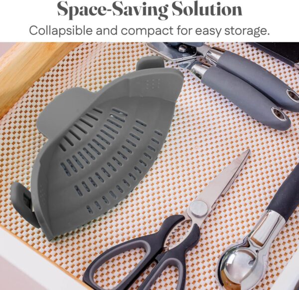 Kitchen Gizmo Snap N' Strain - Silicone Pasta Strainer Clip-On for Pots and Pans - Heat Resistant Colander for Vegetables and Noodles - Kitchen Gadgets for Cooking - Space-Saving Design - Gray - Image 6