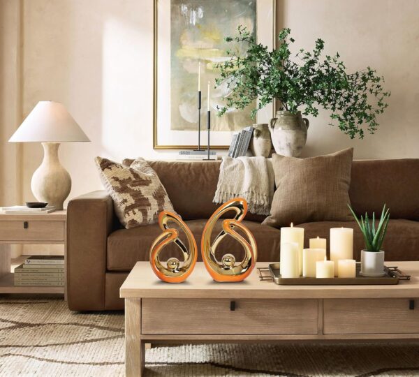 2 Pcs Orange and Gold Decor for Living Room Table Sculpture Decorations Ceramic Decor Mid Century Modern Decor Figurine Centerpieces for Dining Room Kitchen Fireplace Shelf Office Coffee Table Decor - Image 5