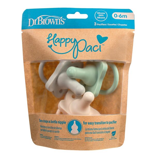Dr. Brown's HappyPaci 100% Silicone Baby Pacifier, Contoured One-Piece Design, Cool Gray, Green, Ecru, 0-6m, BPA-Free, 3 Pack - Image 7