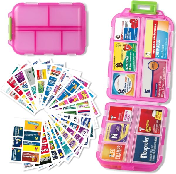 Pill Organizer with Medicine Labels Travel Daily Pill Container Mini Medication Organizer Storage Pill Organizer Travel Essentials Pill Case 7 Day (Pink & 161 Lables) - Image 2