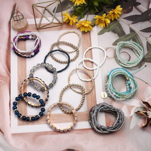 LOYALLOOK 6 Sets Bohemian Stackable Bead Bracelets for Women Stretch Bohemian Style Stretch Multilayered Boho Bracelet Set - Image 8