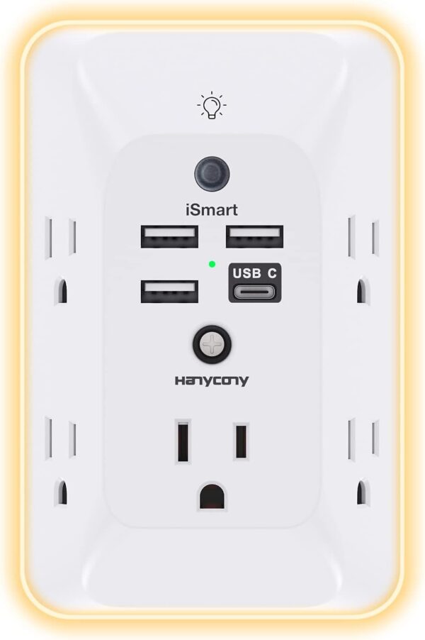 Outlet Extender with Night Light, HANYCONY Multi Plug Outlet, USB Wall Charger Surge Protector 4 USB Ports(1 USB C), Power Strip Electrical Outlet Splitter Expander for Home Office Dorm Room, ETL - Image 2
