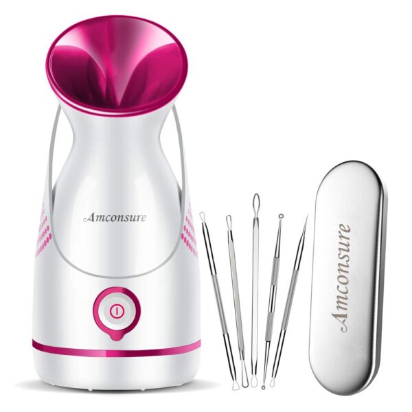 Amconsure Facial Steamer - Nano Ionic Face Steamer Warm Mist Steamer for Home Sauna SPA, Humidifier for Face Steamer for Deep Cleaning Unclogs Pores Sinuses - Bonus 5 Piece Stainless Steel Skin Kit - Image 2