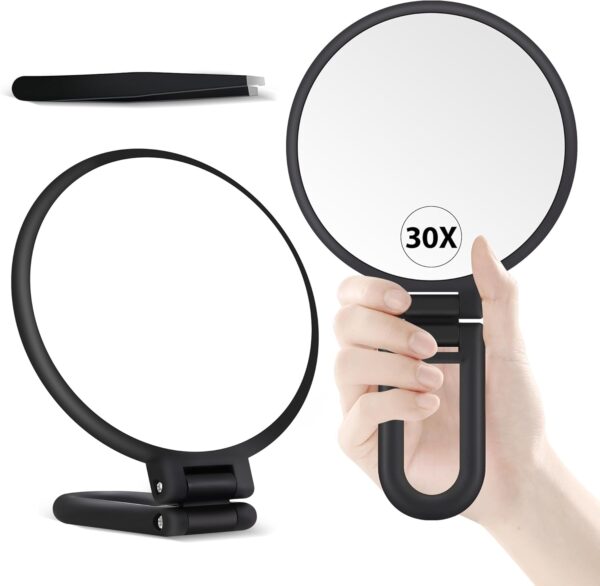 B Beauty Planet 30X Magnifying Mirror, Hand Mirror with Handle, Double Sided Hand Mirror with 30X/1X Magnification, Travel Essential Portable Foldable Makeup Mirror for Precision Makeup Black - Image 2
