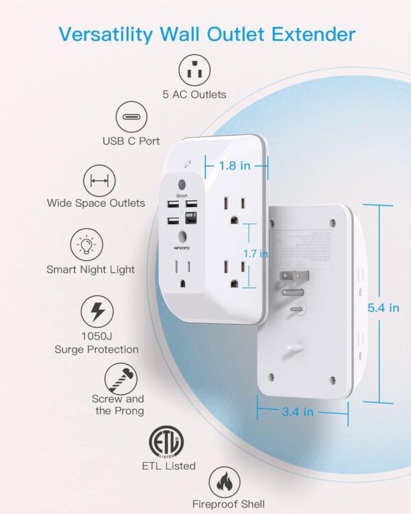 Outlet Extender with Night Light, HANYCONY Multi Plug Outlet, USB Wall Charger Surge Protector 4 USB Ports(1 USB C), Power Strip Electrical Outlet Splitter Expander for Home Office Dorm Room, ETL - Image 4