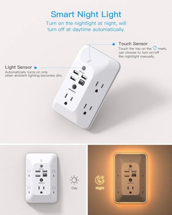 Outlet Extender with Night Light, HANYCONY Multi Plug Outlet, USB Wall Charger Surge Protector 4 USB Ports(1 USB C), Power Strip Electrical Outlet Splitter Expander for Home Office Dorm Room, ETL - Image 3