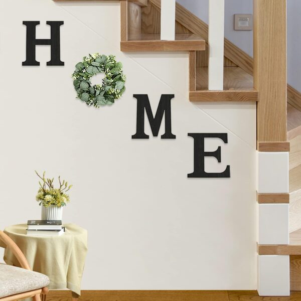 Wood Home Sign with Artificial Eucalyptus Wreath for O, Hanging Farmhouse Wall House Decor Wood Letters for Wall Art Rustic Home Decor, Wall Decor for Living Room Kitchen Entryway (Black) - Image 5