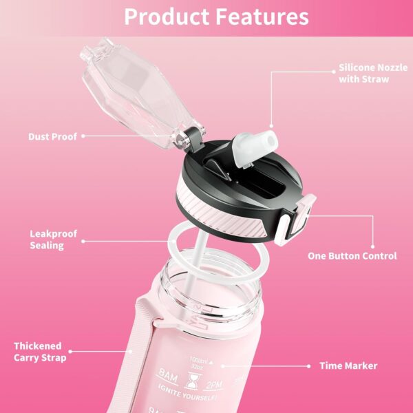 Water Bottle with Straw, 32oz Motivational Water Bottles with Time Marker to Drink, Tritan BPA Free, 1L Sports Water Bottle with Carry Strap LeakProof for Women Gym Fitness Outdoor (1 Pack) - Image 6