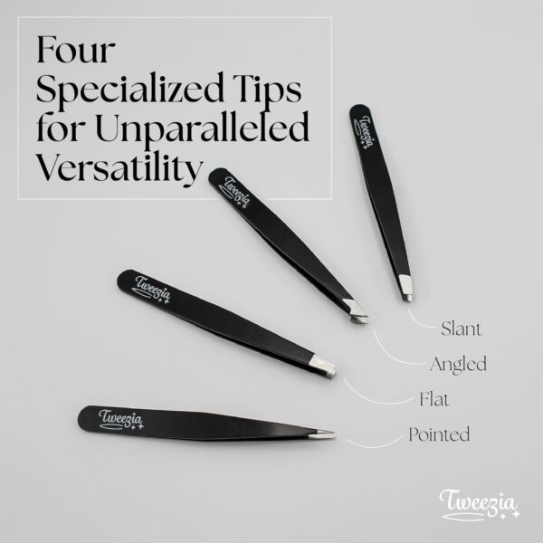 TWEEZIA Stainless Steel Tweezer Set - 4 Precision Tweezers with Mirror & Leather Case - Ideal Eyebrow Kit, Ingrown Hair Tweezers, Splinter Removal Kit or Pointed Tweezers for Beauty and Personal Care - Image 3