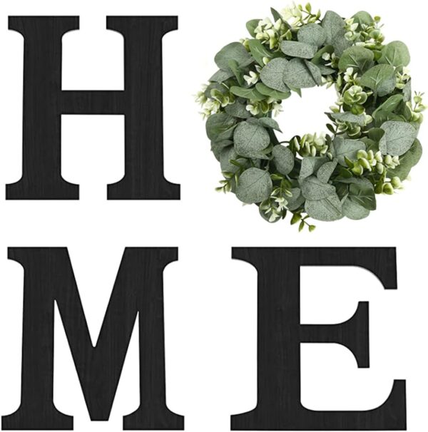 Wood Home Sign with Artificial Eucalyptus Wreath for O, Hanging Farmhouse Wall House Decor Wood Letters for Wall Art Rustic Home Decor, Wall Decor for Living Room Kitchen Entryway (Black) - Image 2