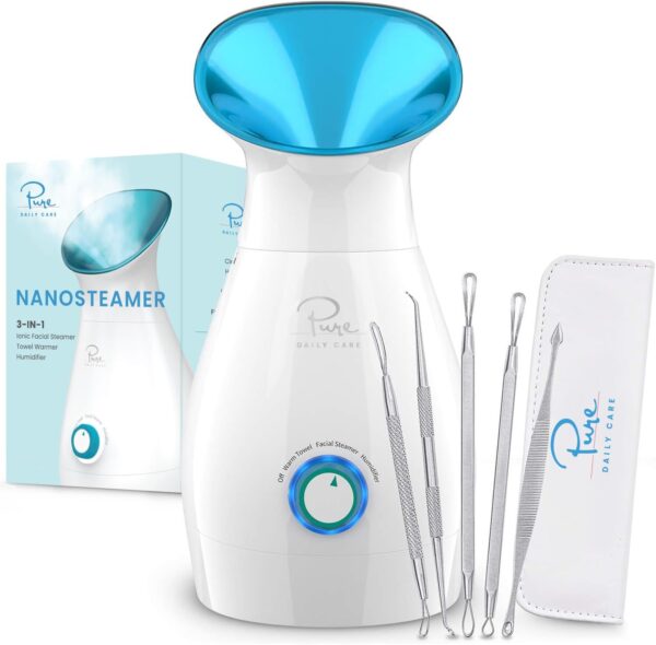 Pure Daily Care NanoSteamer Large 3-in-1 Nano Ionic Facial Steamer with Precise Temp Control - Humidifier - Unclogs Pores - Blackheads - Spa Quality - Bonus 5 Piece Stainless Steel Skin Kit (Teal) - Image 2