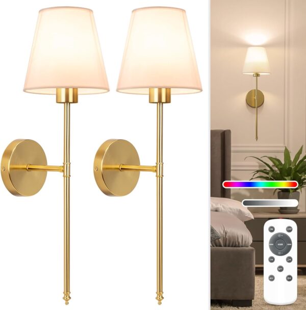 NIORSUN Battery Operated Wall Sconce Set of 2,Gold Rechargeable Wall Lights with 5200mAh Dimmable Bulbs and Remote,10 Colors Wireless Wall Lamps for Bedroom Living Room Hallway Decor - Image 2
